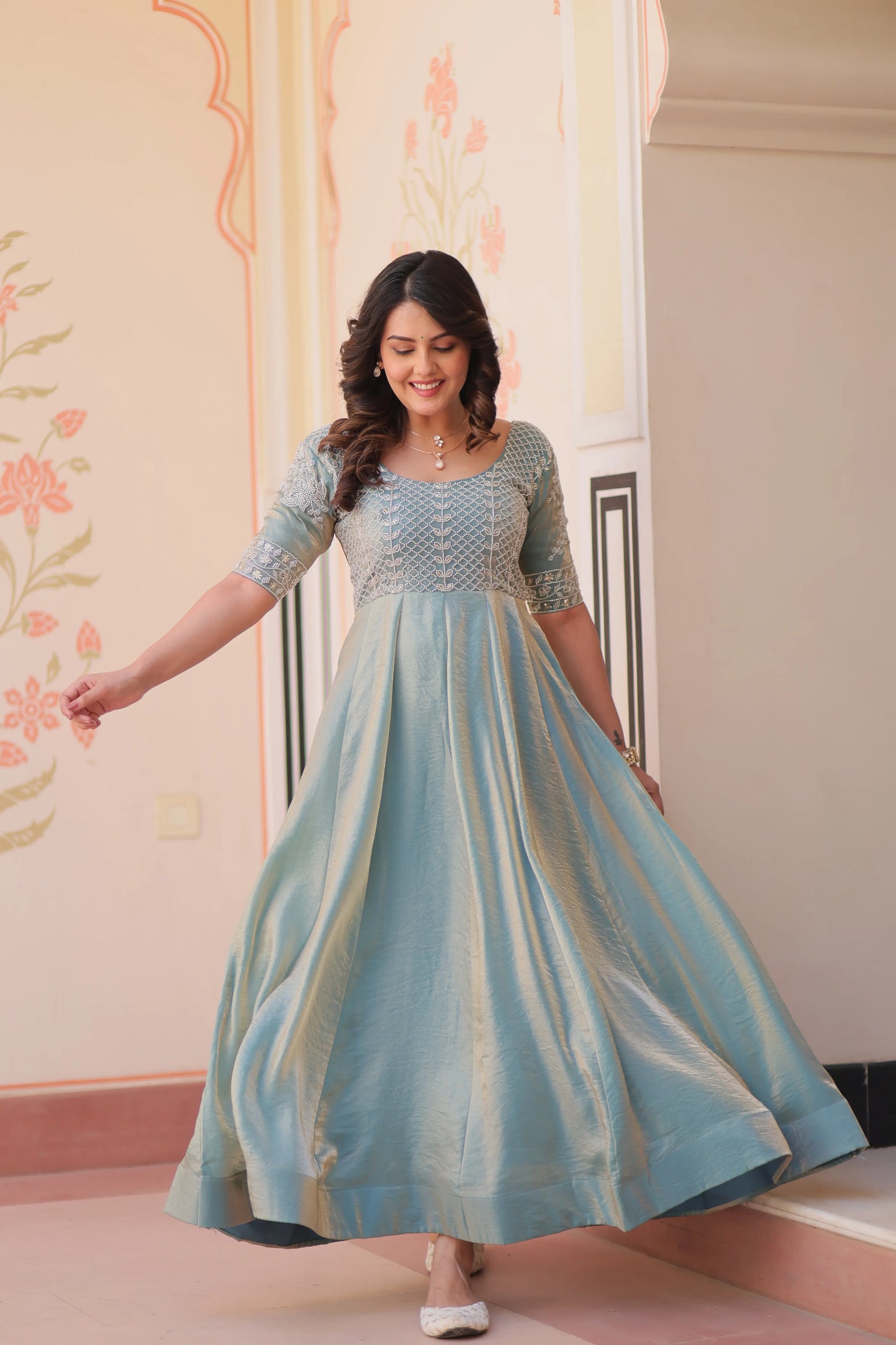 Designer Shiny Sky Blue Beautiful Beads Embroidery Work Gown