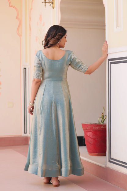 Designer Shiny Sky Blue Beautiful Beads Embroidery Work Gown