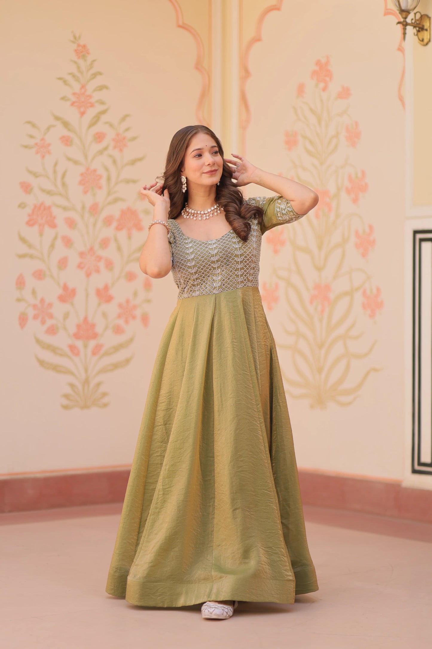 Designer Shiny Light Olive Green Beads Embroidery Work Gown