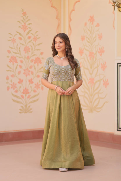 Designer Shiny Light Olive Green Beads Embroidery Work Gown