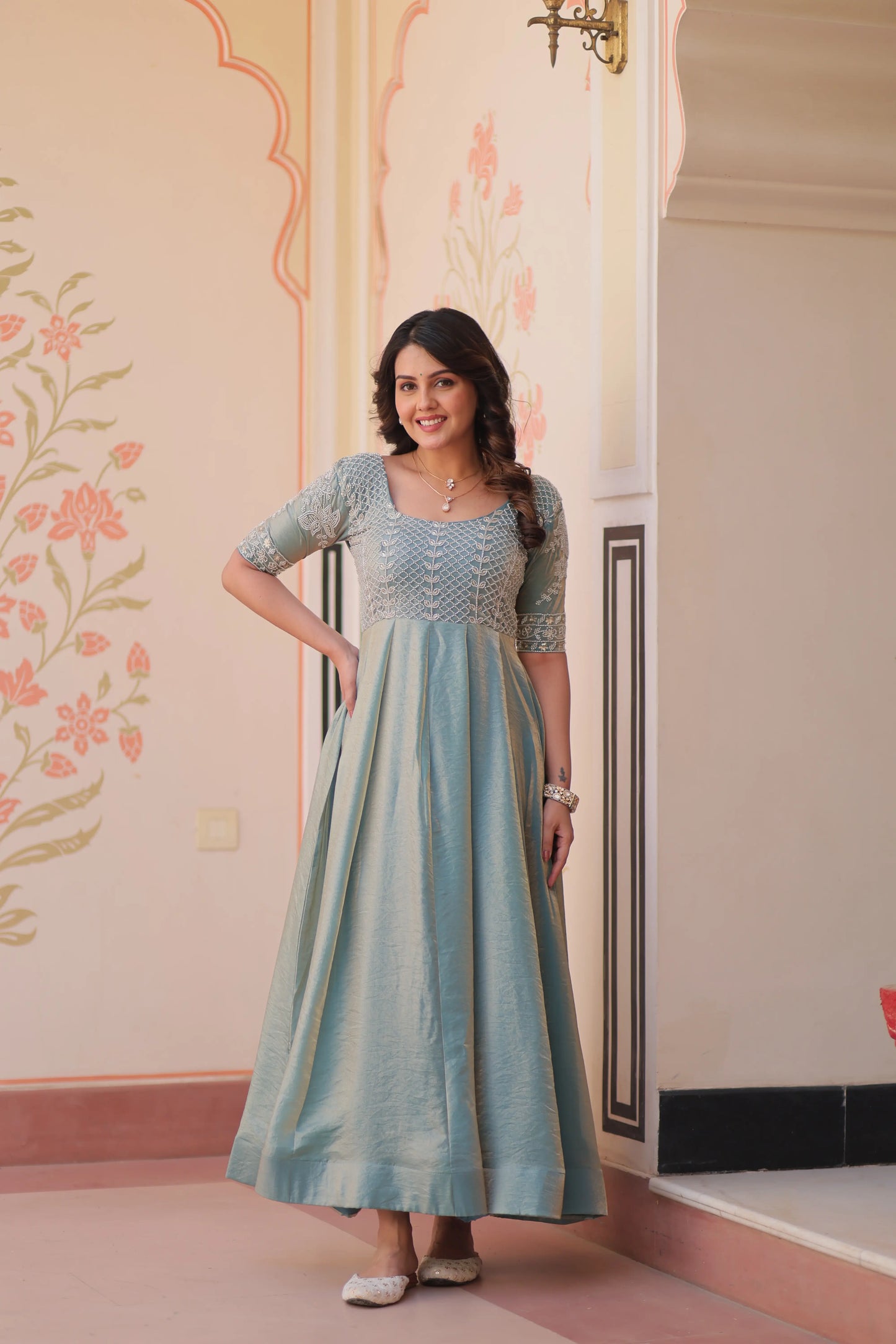 Designer Shiny Sky Blue Beautiful Beads Embroidery Work Gown