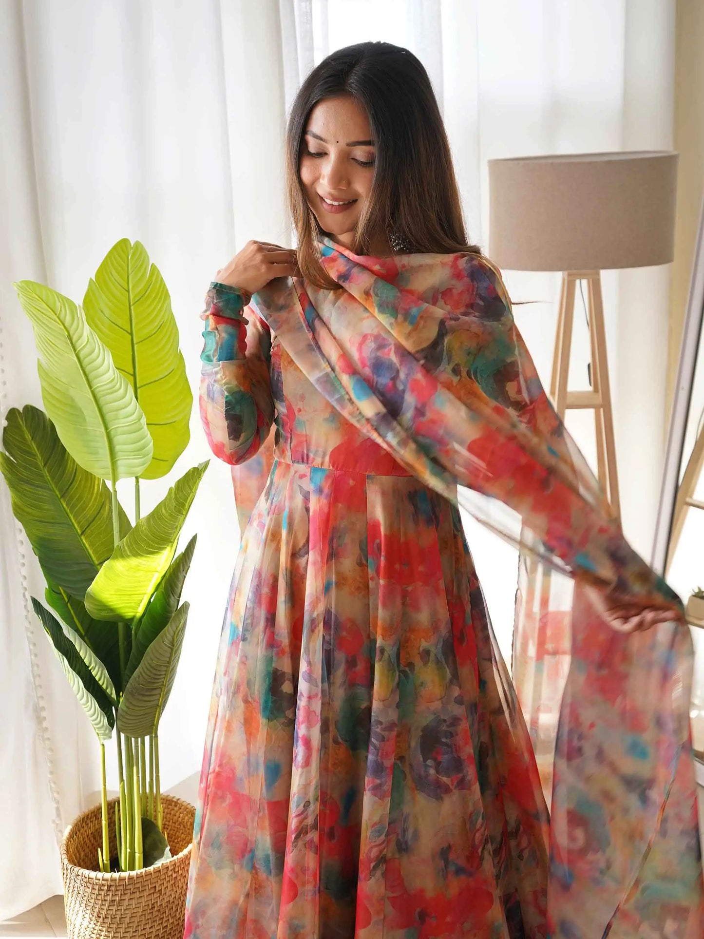 Red With Multi Colored Floral Print Organza Gown With Dupatta