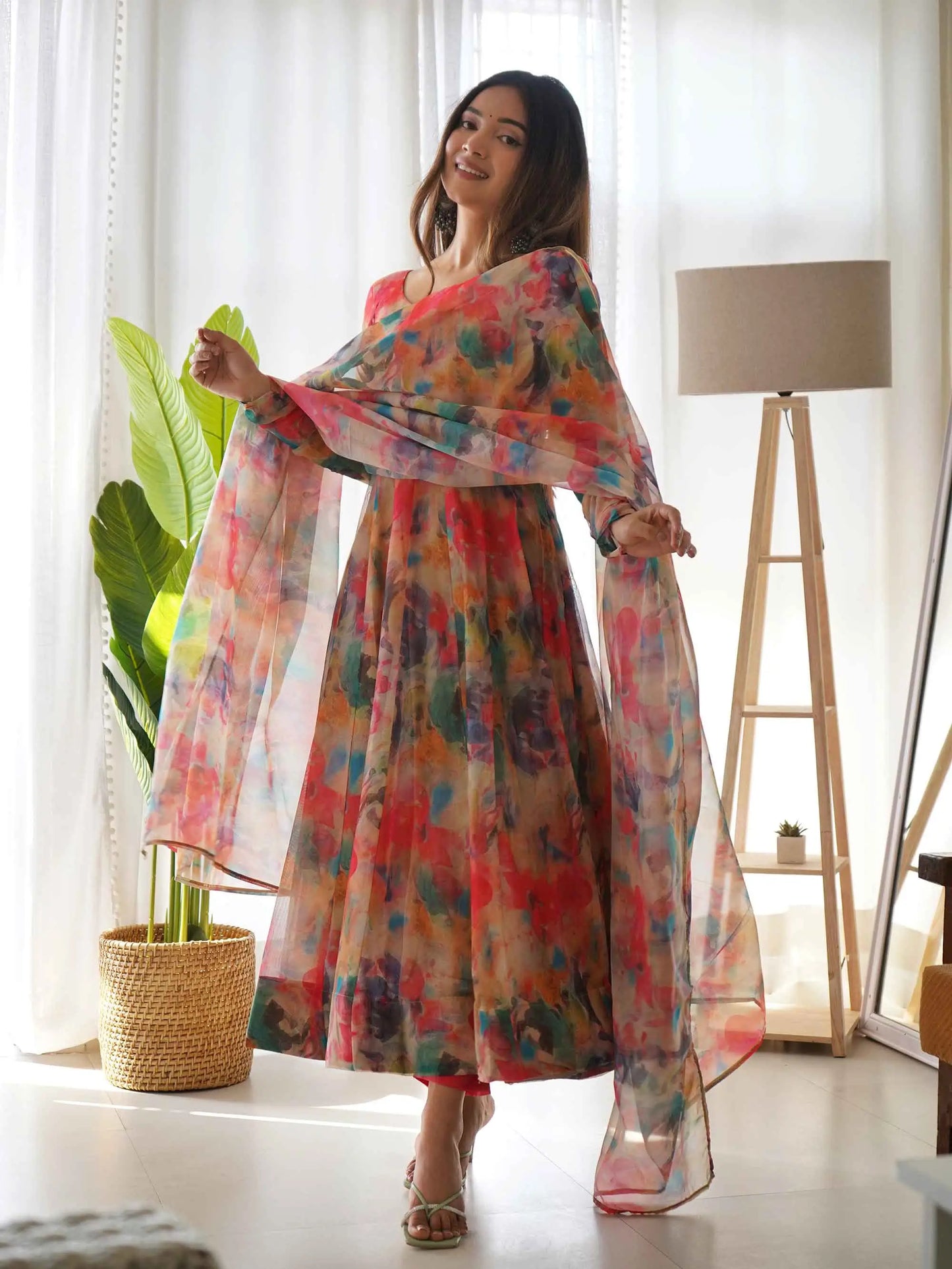Red With Multi Colored Floral Print Organza Gown With Dupatta