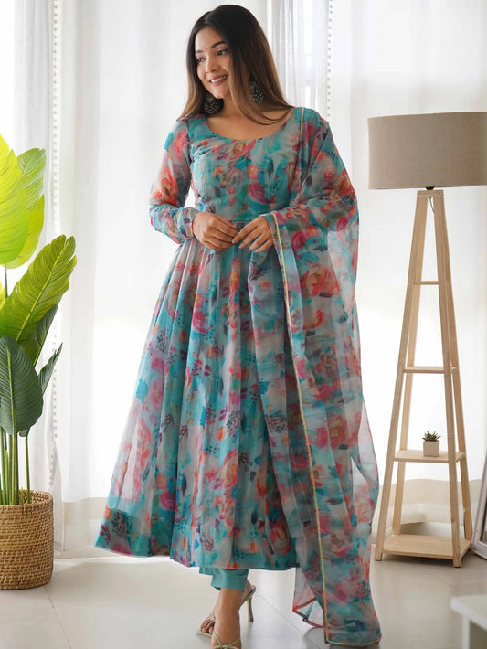 Sky Blue Organza Multi Colored Floral Print Gown With Dupatta