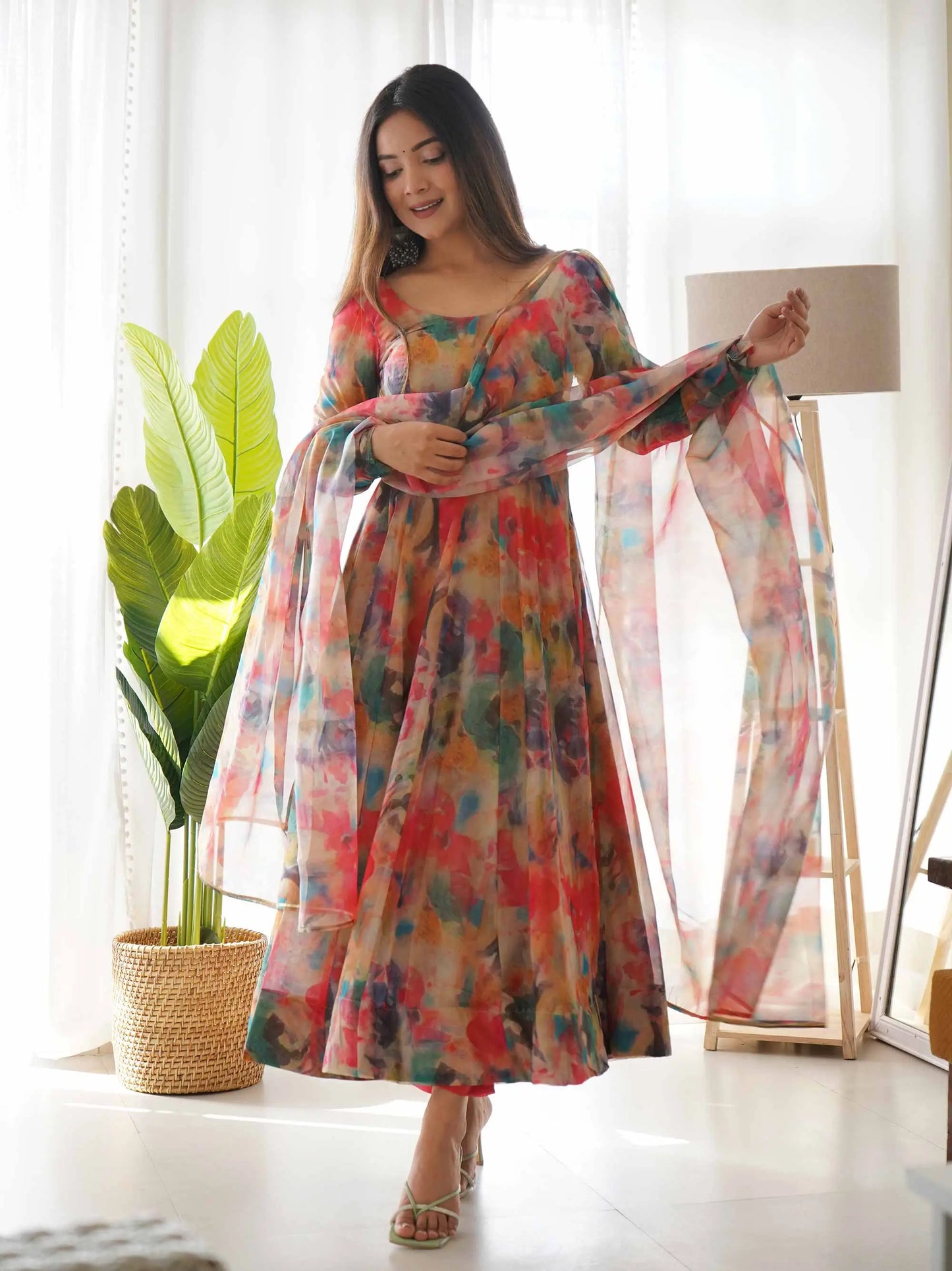 Red With Multi Colored Floral Print Organza Gown With Dupatta