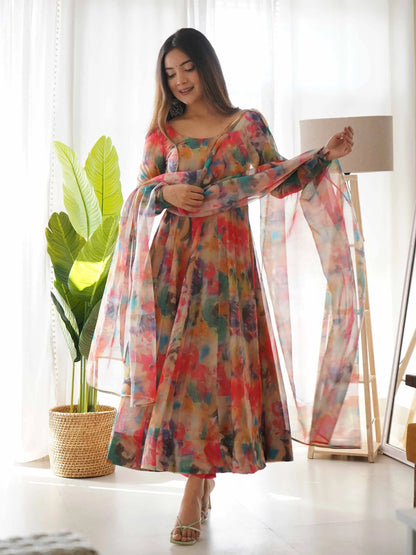 Red With Multi Colored Floral Print Organza Gown With Dupatta