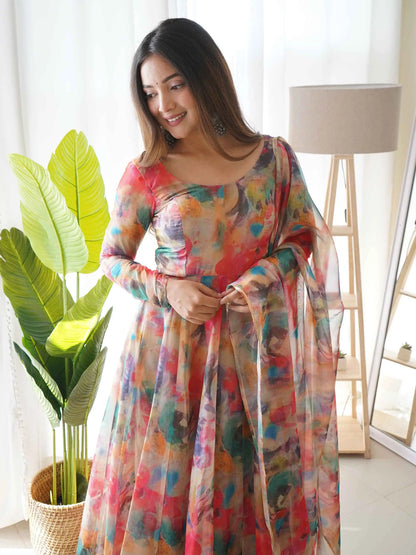 Red With Multi Colored Floral Print Organza Gown With Dupatta