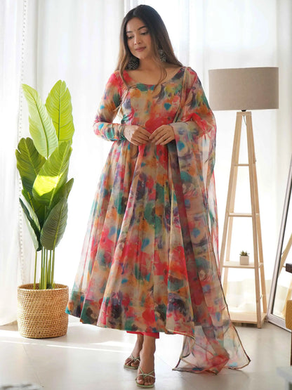 Red With Multi Colored Floral Print Organza Gown With Dupatta