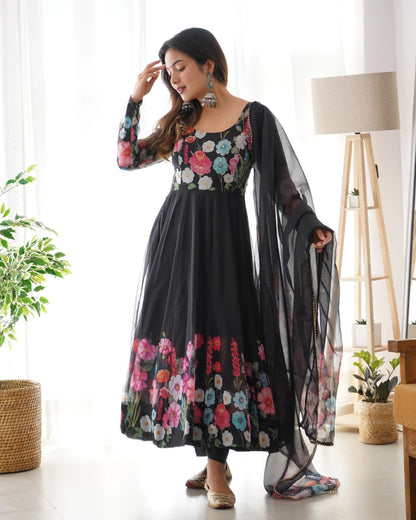 Black With Multi Color Floral Print  Organza Gown With Dupatta