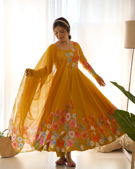Brownish Yellow Organza Multi Color Floral Print Gown With Dupatta