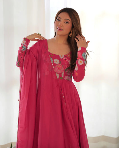 Dark Pink Multi Color Floral Print Organza Gown With Dupatta