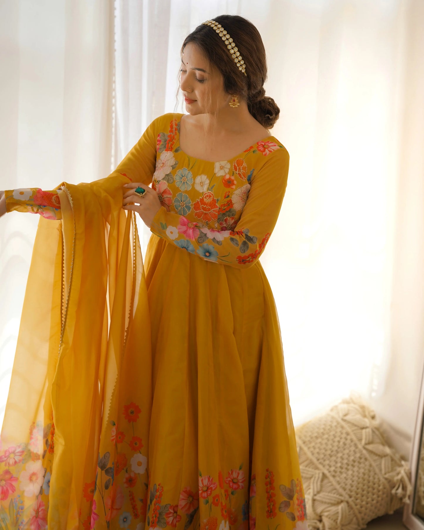 Brownish Yellow Organza Multi Color Floral Print Gown With Dupatta