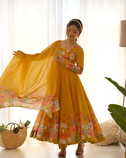 Brownish Yellow Organza Multi Color Floral Print Gown With Dupatta