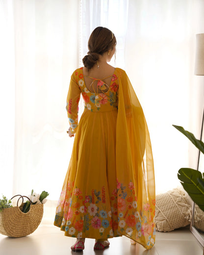 Brownish Yellow Organza Multi Color Floral Print Gown With Dupatta