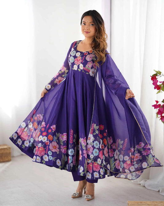 Purple Organza Multi Color Floral Print Gown With Dupatta