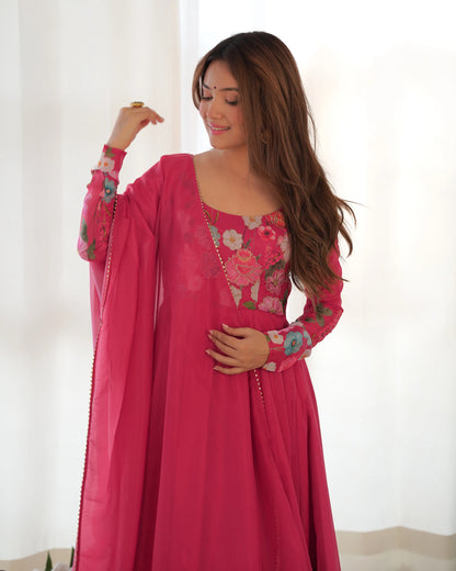 Dark Pink Multi Color Floral Print Organza Gown With Dupatta