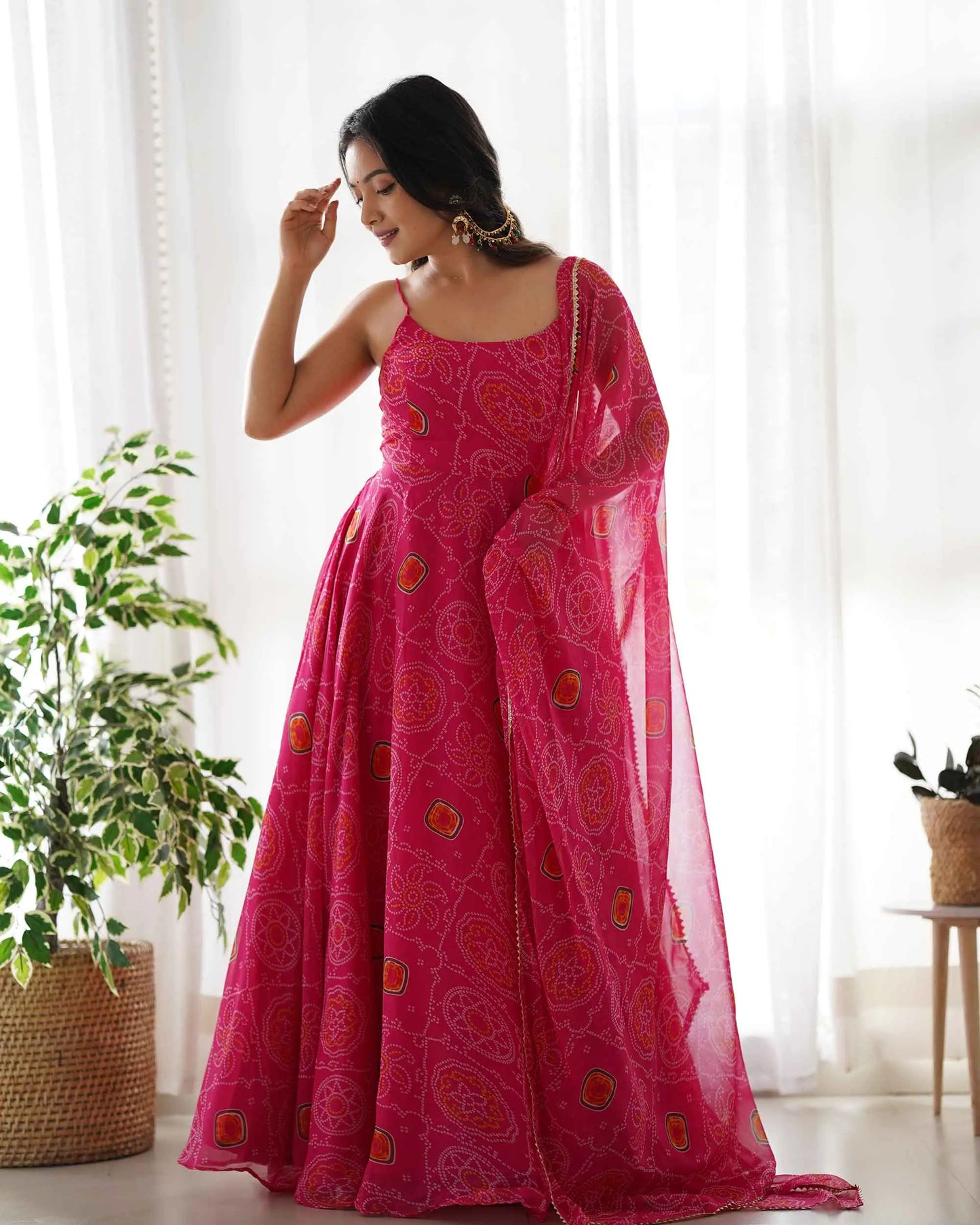 Dark Pink Soft Chiffon Bandhej Print Light Weight Gown With Dupatta