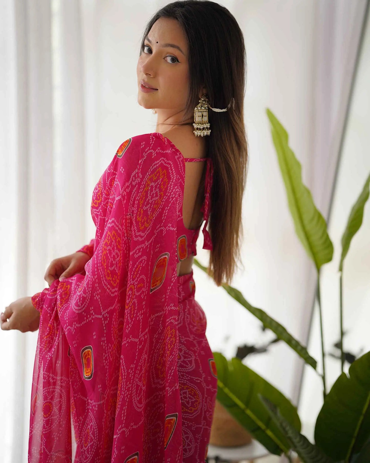 Pink Chiffon Soft Light Weight Bandhej Print Pre Draped Ready To Wear  Saree