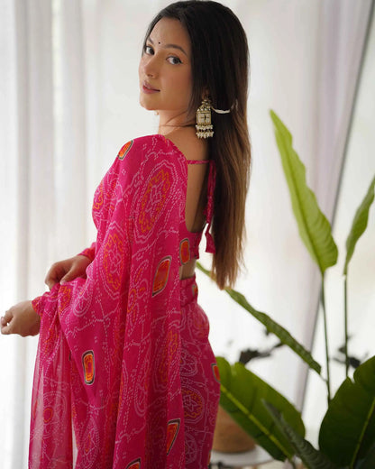 Pink Chiffon Soft Light Weight Bandhej Print Pre Draped Ready To Wear  Saree