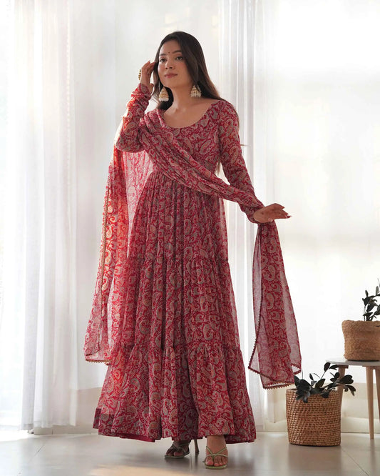 Maroon Georgette Kalamkari Print Anarkali Gown With Dupatta