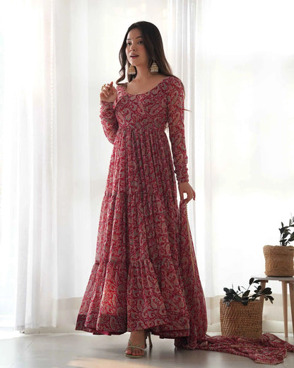 Maroon Georgette Kalamkari Print Anarkali Gown With Dupatta