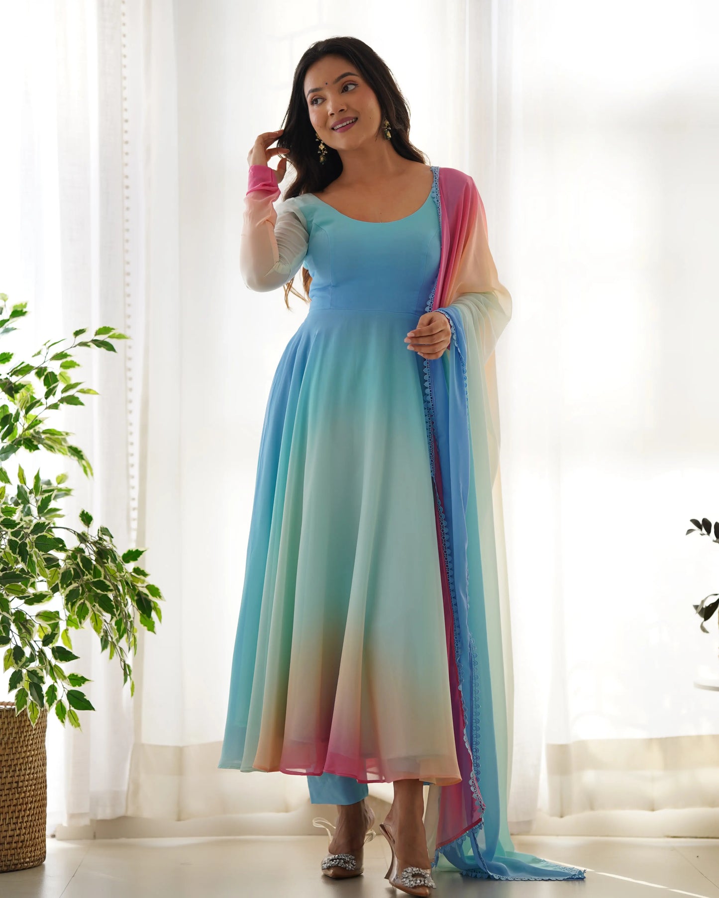 Sky Blue With Colorful Padding Plain Georgette Gown With Dupatta