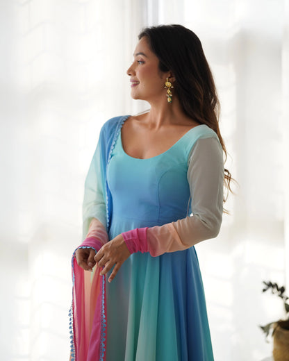 Sky Blue With Colorful Padding Plain Georgette Gown With Dupatta