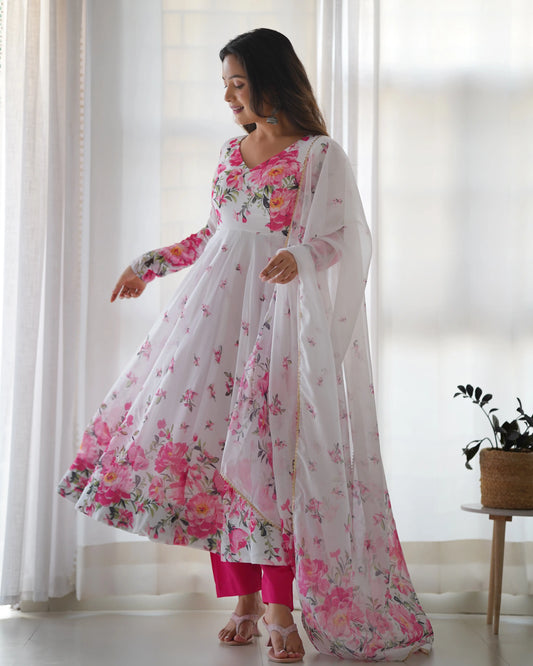 White Organza Pink Rose Floral Print Gown With Dupatta