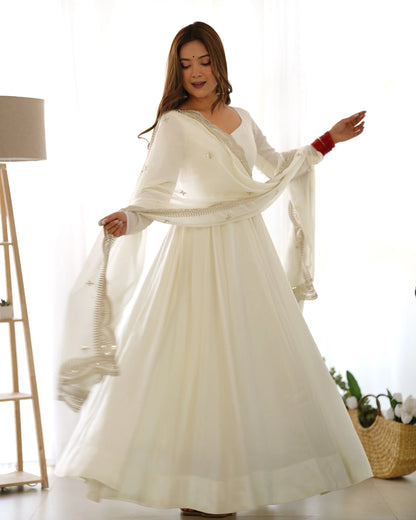 Off White Silk Anarkali Gown With Georgette Embroidery Work Dupatta