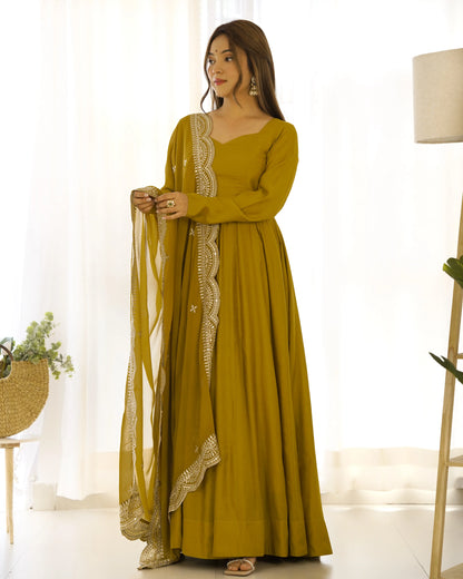 Mustard Yellow Silk Anarkali Gown With Georgette Embroidery Work Dupatta