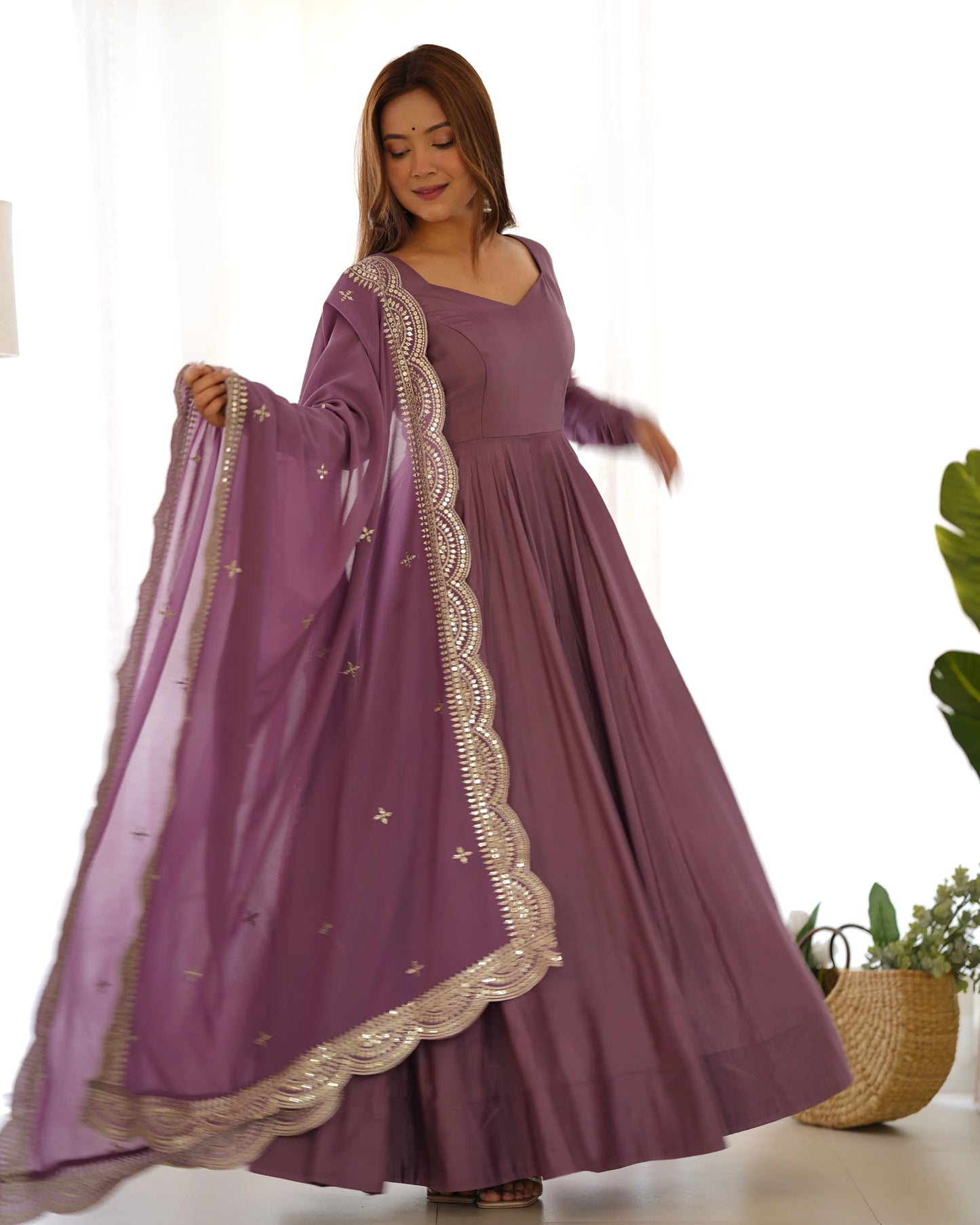 Dark Mauve Purple Silk Anarkali Gown With Georgette Embroidery Work Dupatta