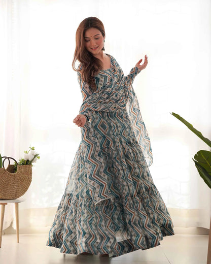 Light Blue Georgette Zigzag Print Three Layered Gown With Dupatta