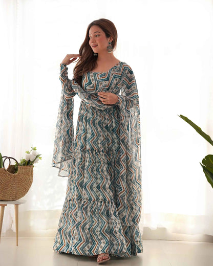 Light Blue Georgette Zigzag Print Three Layered Gown With Dupatta