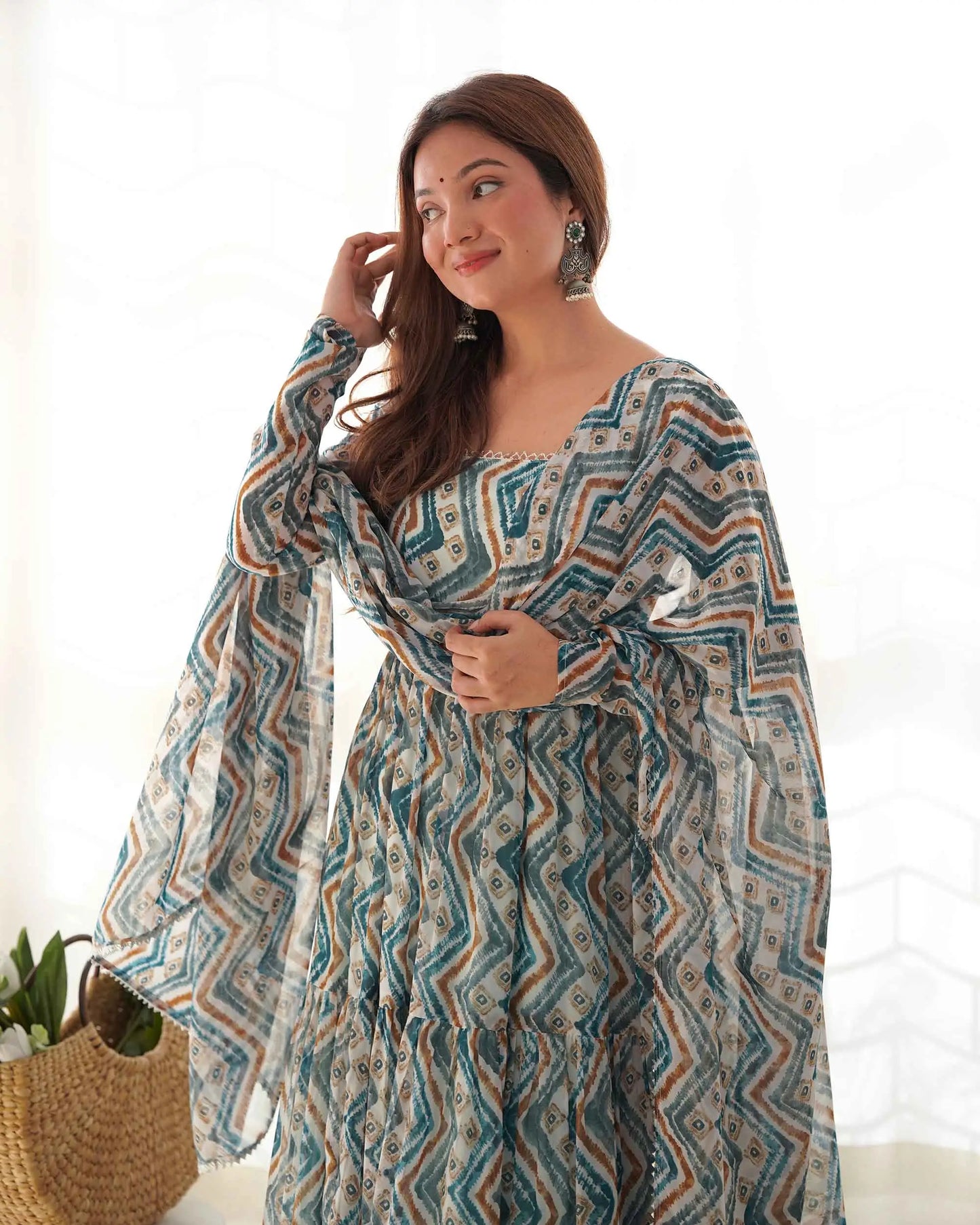 Light Blue Georgette Zigzag Print Three Layered Gown With Dupatta