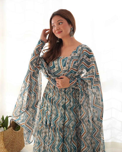 Light Blue Georgette Zigzag Print Three Layered Gown With Dupatta