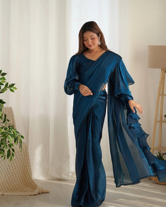 Teal Blue Jimmy Choo Organza Pre Draped Ready To Wear  Saree