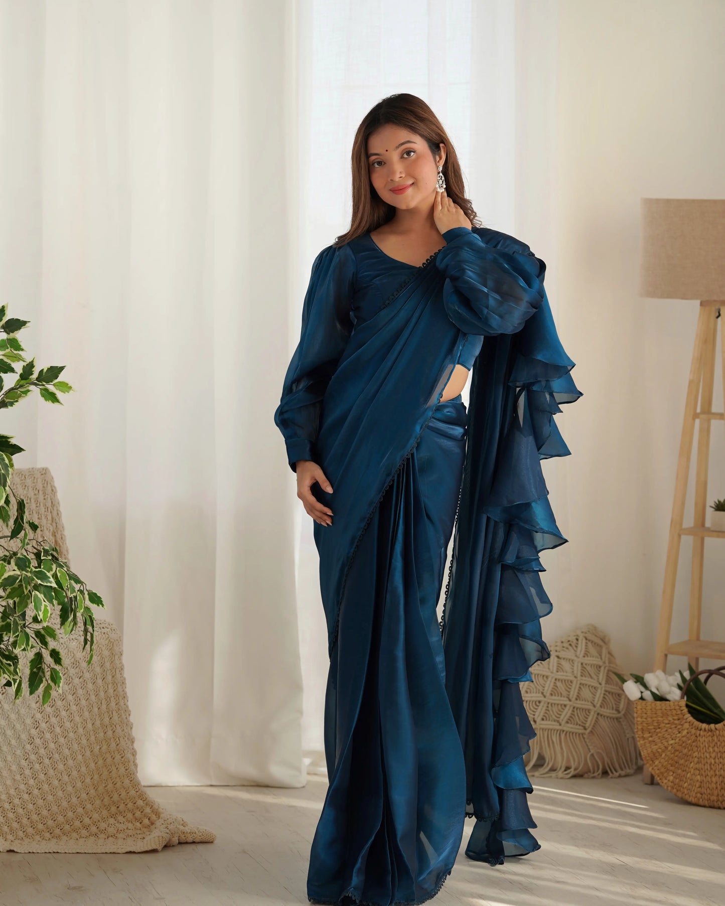 Teal Blue Jimmy Choo Organza Pre Draped Ready To Wear  Saree