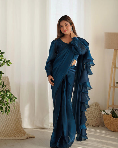 Teal Blue Jimmy Choo Organza Pre Draped Ready To Wear  Saree