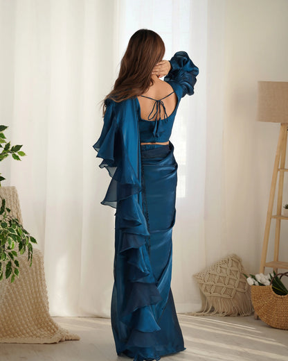 Teal Blue Jimmy Choo Organza Pre Draped Ready To Wear  Saree
