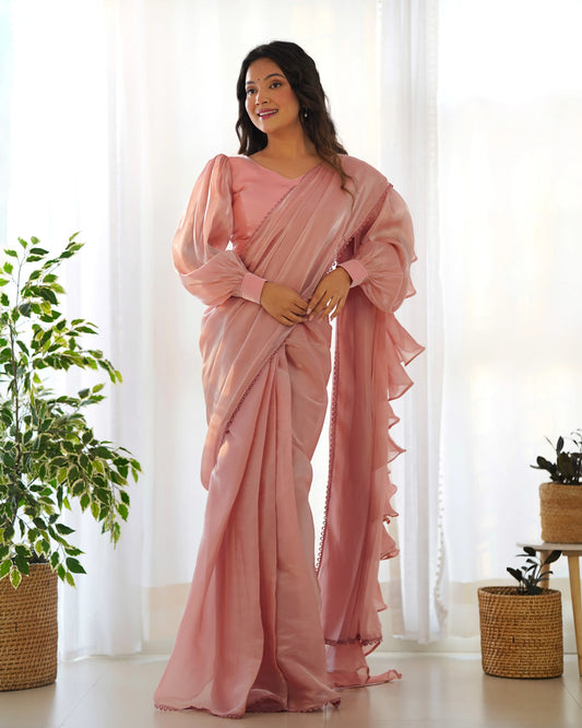 Peach Jimmy Choo Organza Pre Draped Ready To Wear  Saree