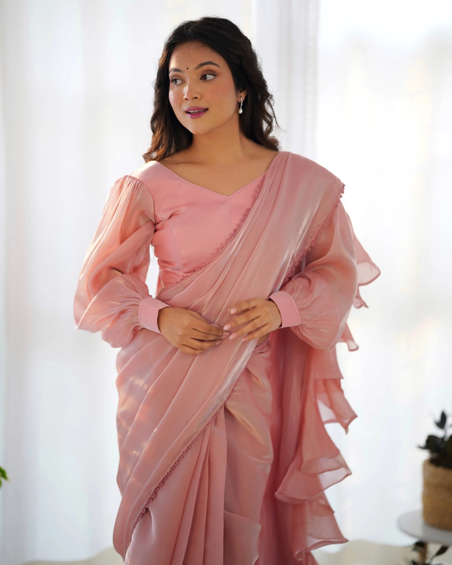 Peach Jimmy Choo Organza Pre Draped Ready To Wear  Saree