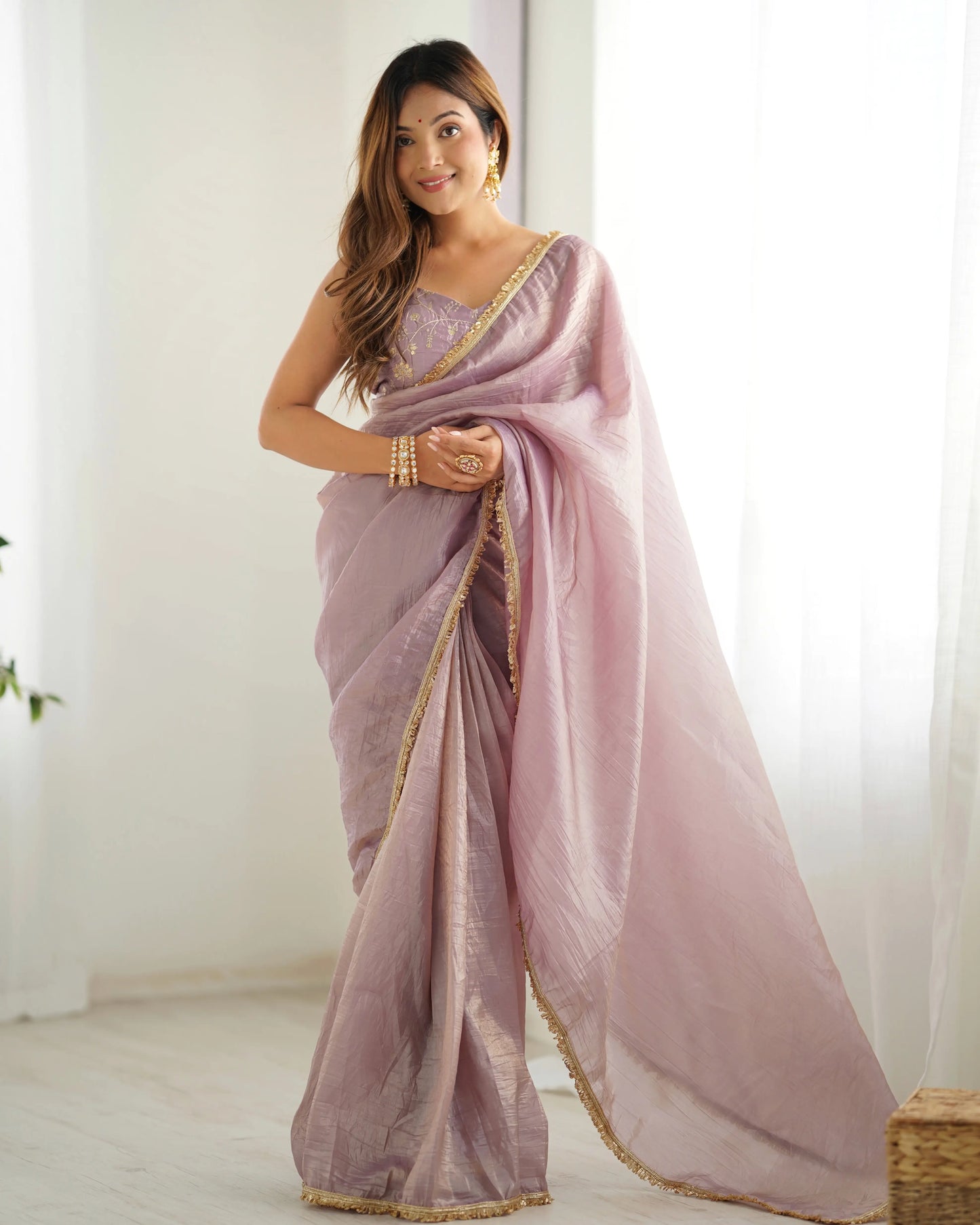 Dusty Mauve Gold Crush Tissue Pre Draped Ready To Wear Saree