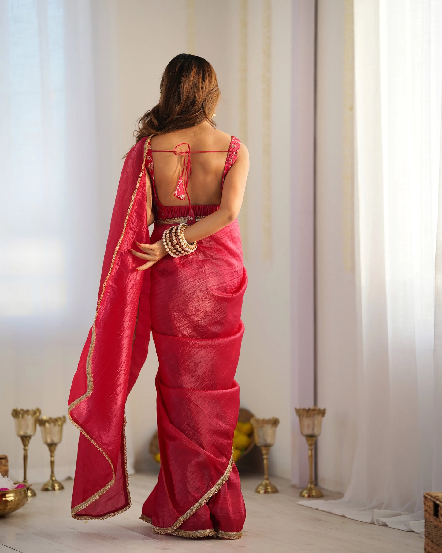 Rani Pink Gold Crush Tissue Pre Draped Ready To Wear Saree