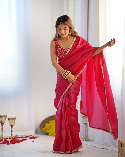 Rani Pink Gold Crush Tissue Pre Draped Ready To Wear Saree