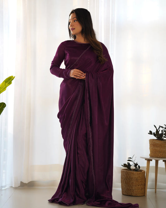 Wine Marble Velvet Pre Draped Ready To Wear Saree