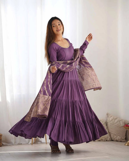 Mauve Purple Silk Gown With Jacquard Banarasi Dupatta