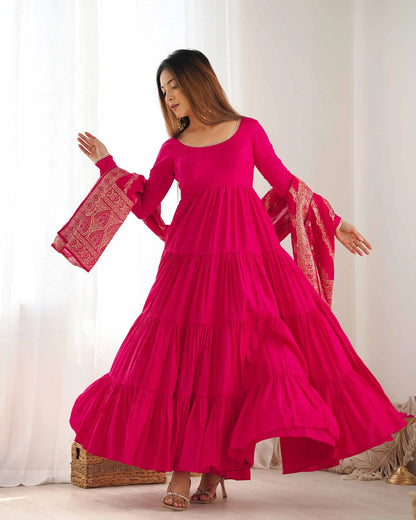 Dark Pink Silk Gown With Jacquard Banarasi Dupatta