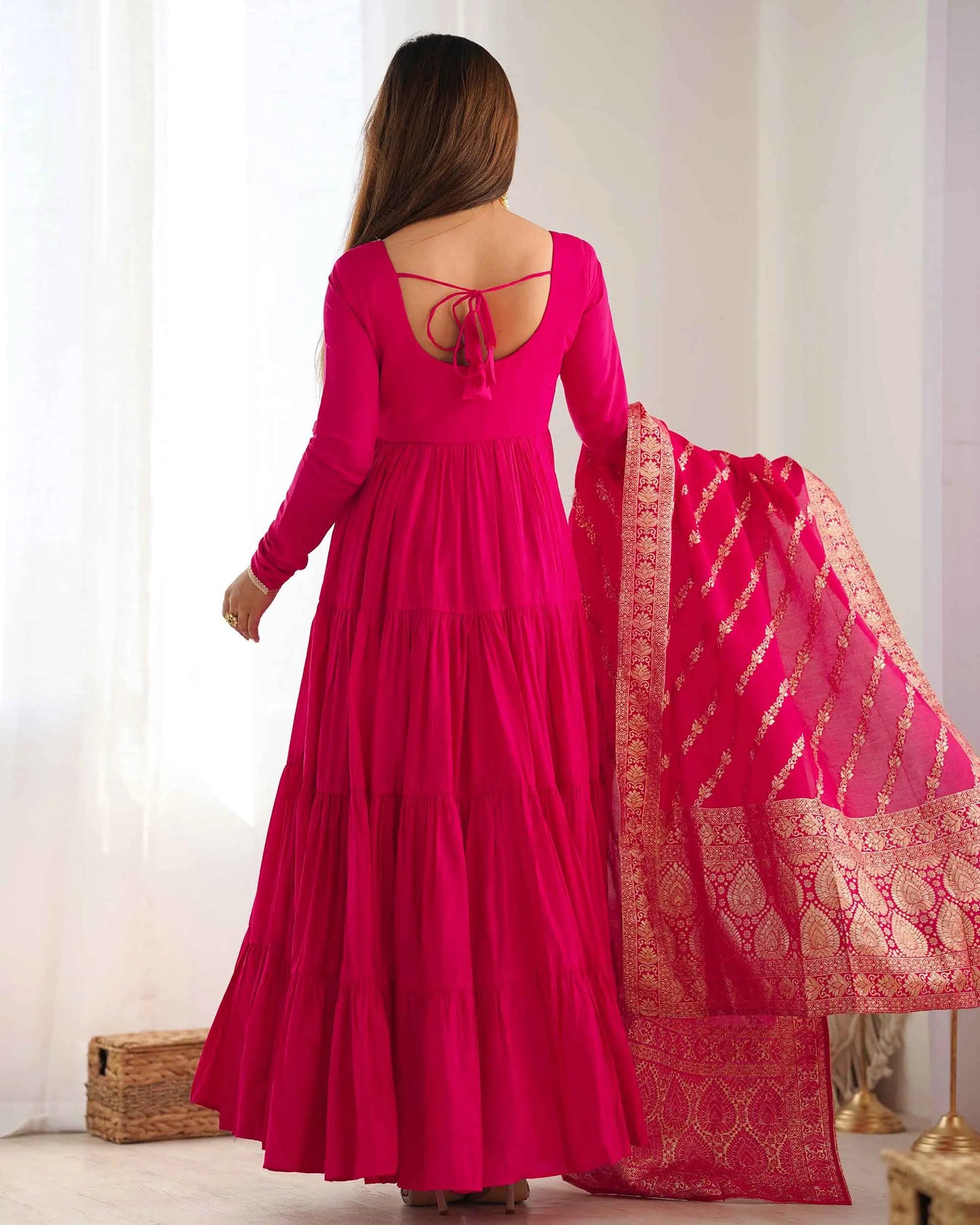 Dark Pink Silk Gown With Jacquard Banarasi Dupatta