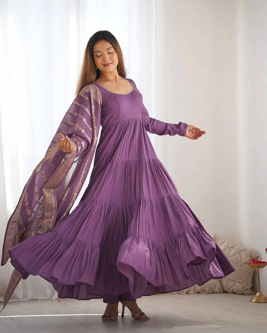 Mauve Purple Silk Gown With Jacquard Banarasi Dupatta