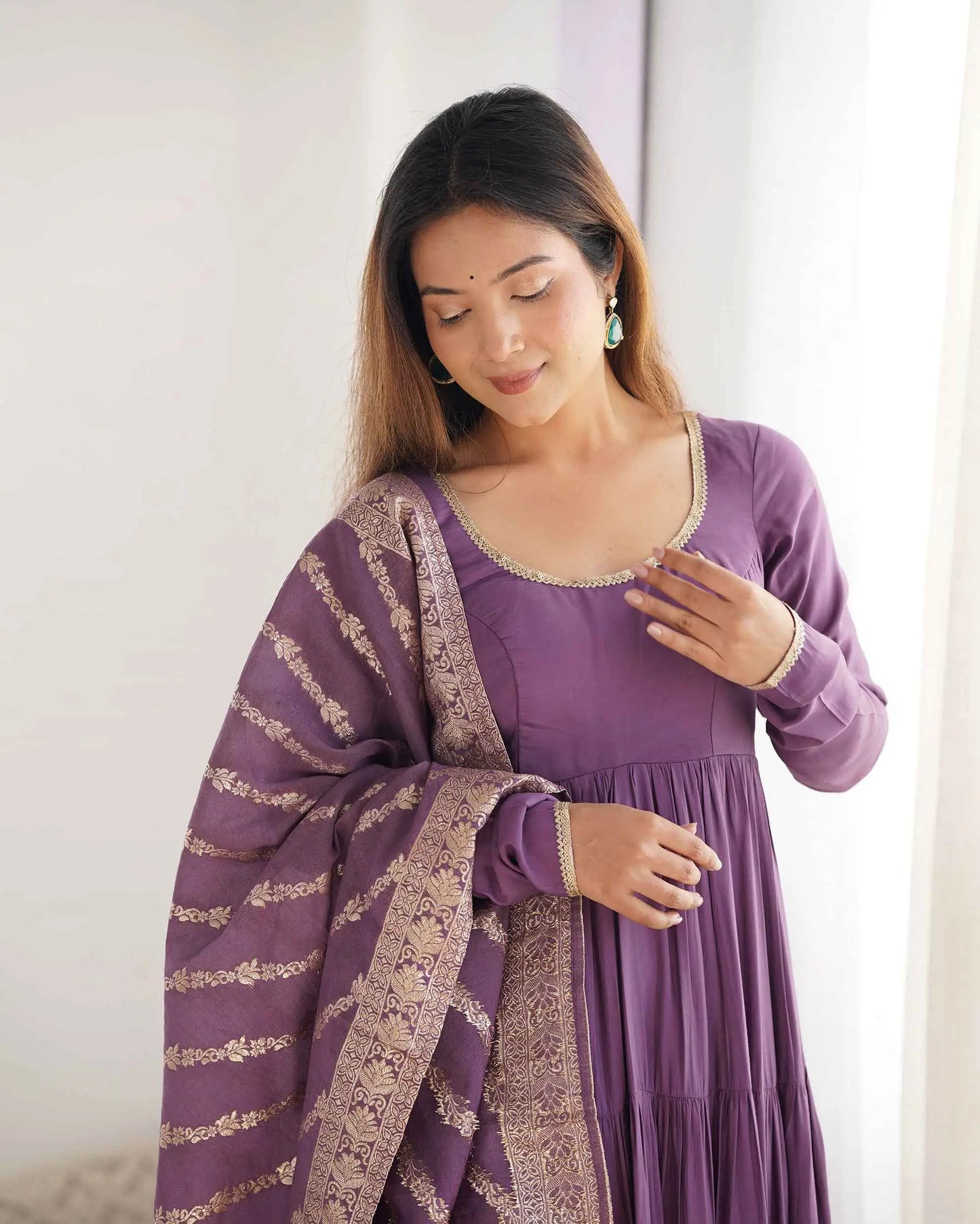 Mauve Purple Silk Gown With Jacquard Banarasi Dupatta